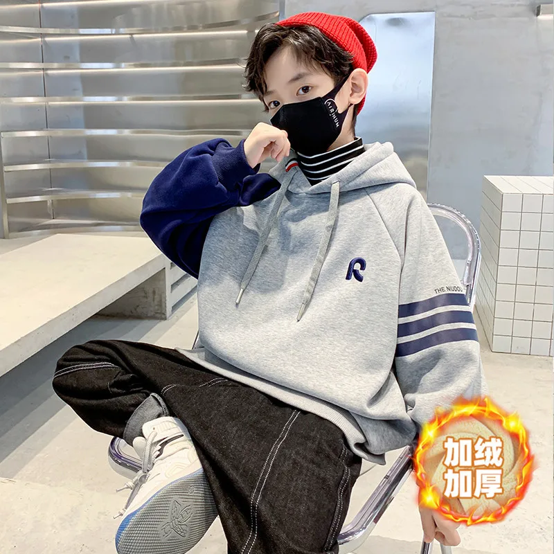 

Одежда для мальчиков-подростков, модный плюшевый свитшот, зимняя уличная одежда, плотный теплый пуловер, детская одежда, верх с капюшоном в ...