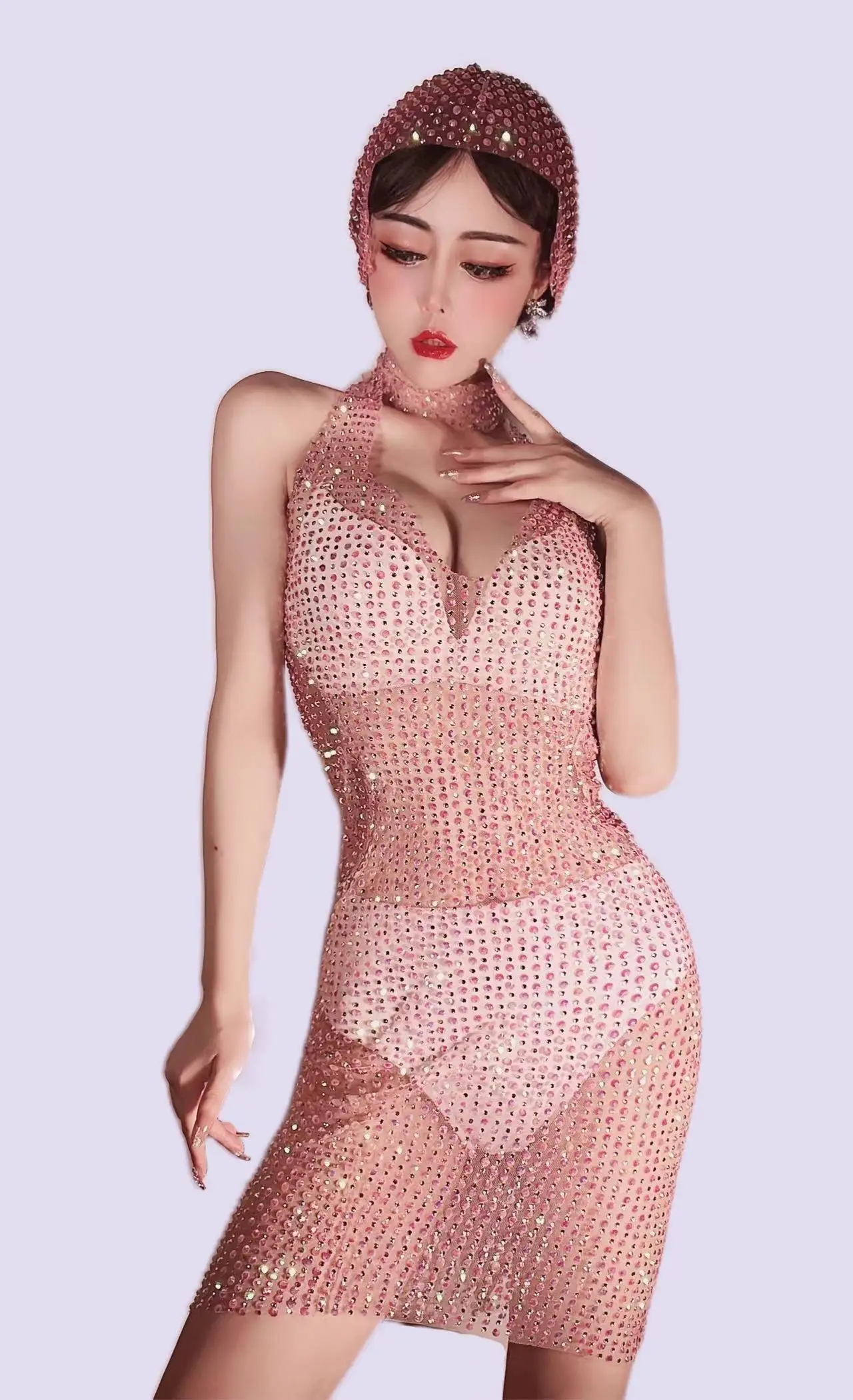 

High end atmosphere fruit powder full diamond long dress nightclub guest gogo performance bar DJ dance DS night scene sexy suit
