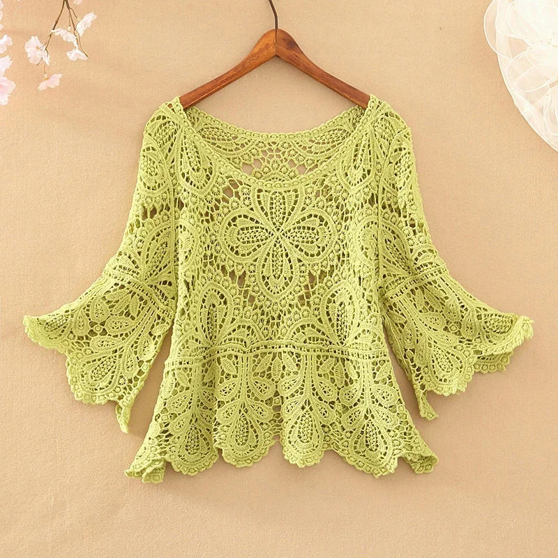 

Summer Clothing 2023 Latest Women's Round Neck Crocheted Cutout Blouse Short Large Size Lace Half Sleeve Loose Top for Women