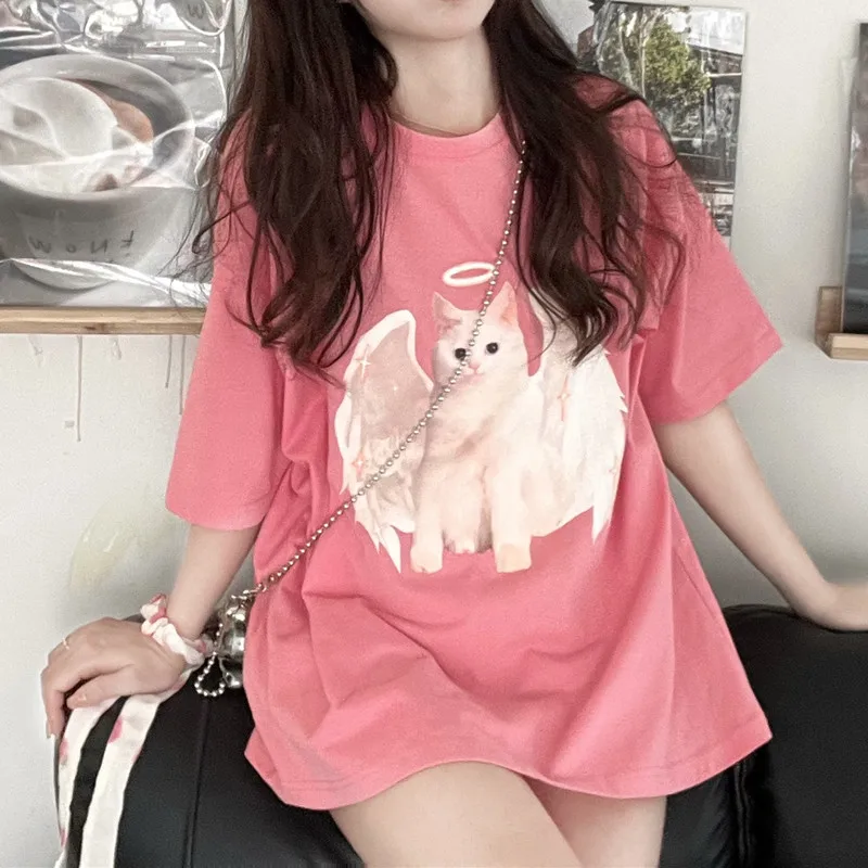 

Sweet Pink T Shirts Women Summer Cute Angel Kitty Print Loose Short Sleeve Tops Tee Y2k Aesthetic Tshirt Kawaii Clothes