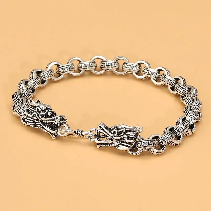 

Браслет из чистого серебра S925 пробы, Мужской винтажный браслет с цепочкой из звеньев дракона S925