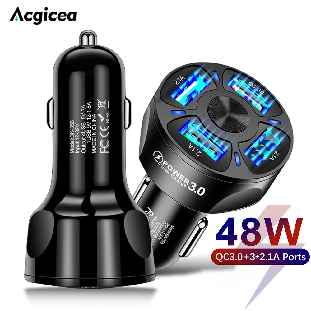 

USB Car Charger 48W Quick Charge 4 Ports Fast Charging For iPhone 13 12 11 Xiaomi Huawei Mobile Phone USB Charger Adapter in Car