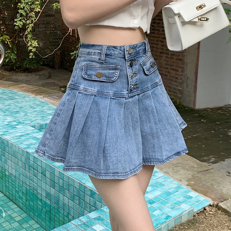 Denim Skirt Women's Blue Summer Shorts Casual Commuter Ruffles High Waist Slim Spicy Girl Wrap Hip  Skirt Pleated Short Skirt