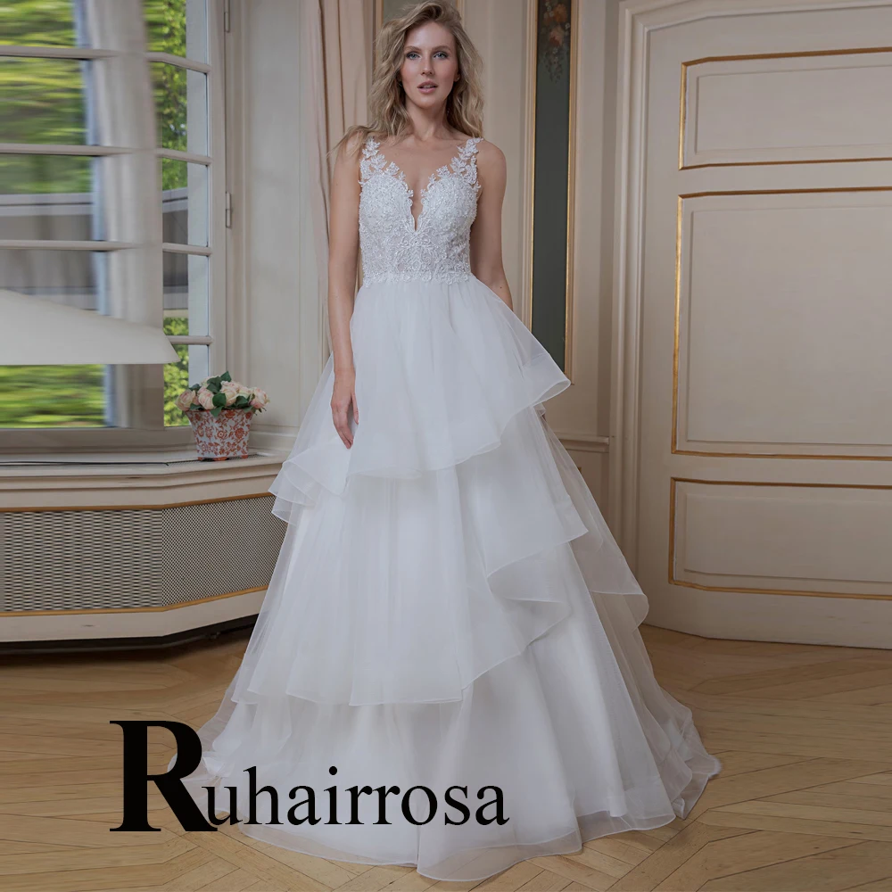 

Ruhair Modern Beading Bling Tiered Backless Wedding Dresses A-Line For Women Appliques Lace Robe De Mariée Formal Brides Gown