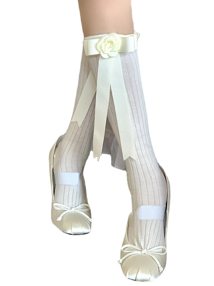 Tube Socks Three-Dimensional Flower Bow Socks Special-Interest Design White Tube Socks