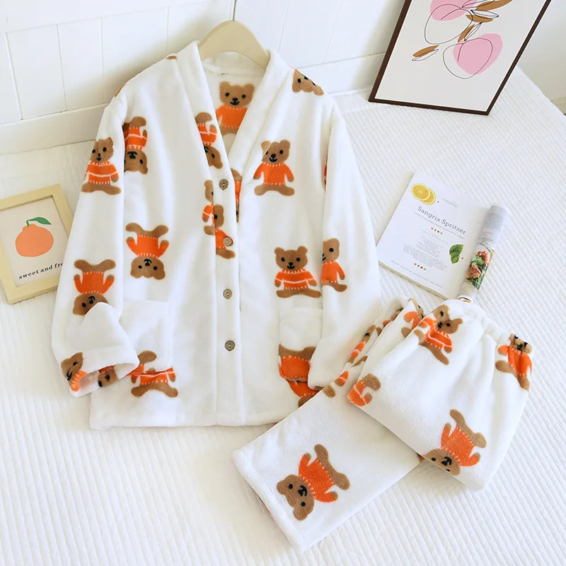 Homewear Suit Flannel Couple Pajamas Set Men Women Autumn Winter Home Comfort Cartoon Bear Warm Loungewear Clothing Sleeping Pjs