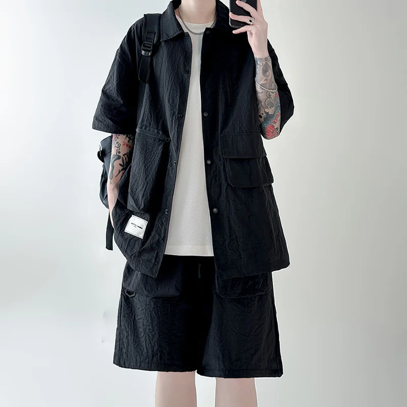 Summer Sets Men Fashion Retro Pocket Short Sleeved Shirt Shorts Two-piece Men Streetwear Loose Cargo Sets Mens Short Sets M-2XL