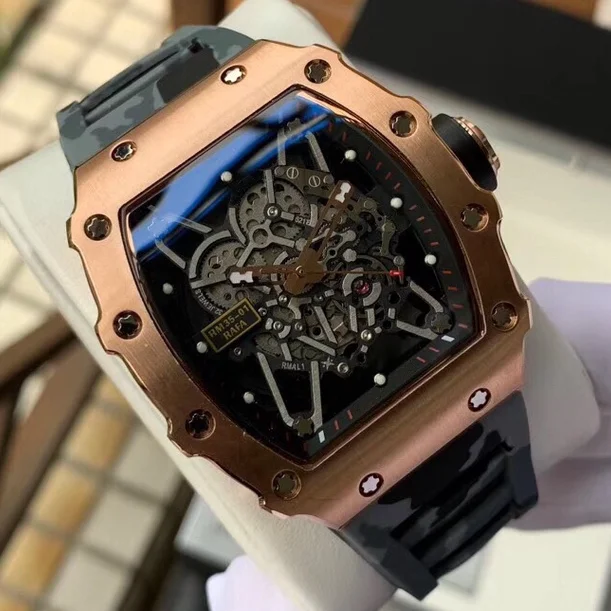

mens automatic mechanical watch black rubber Rose Gold
