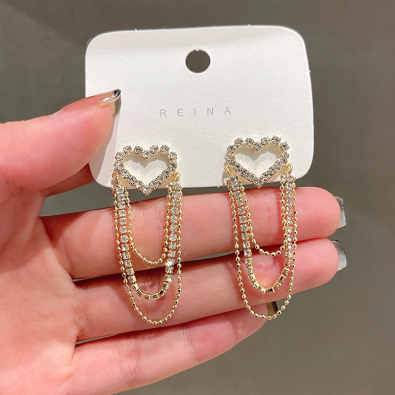 

Luxury Heart Rhinestone Crystal Long Tassel Statement Earrings for Women Bridal Drop Dangling Earrings Party Wedding Jewelry