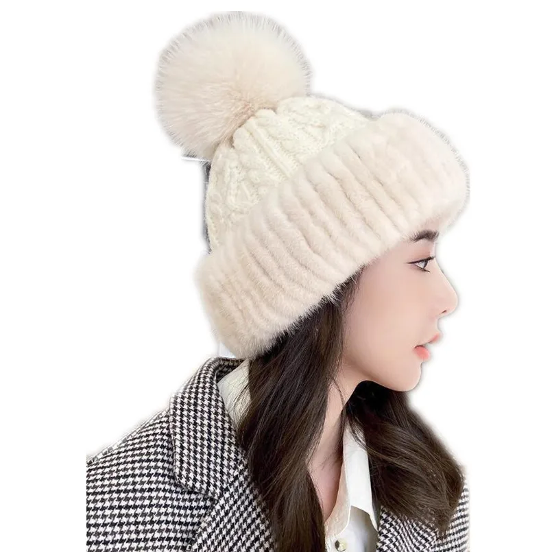 Fashion Winter Knitted Warm Hat Ladies Genuine Mink Fur Beanies with Pompom Elastic Luxury Female Fur Hat