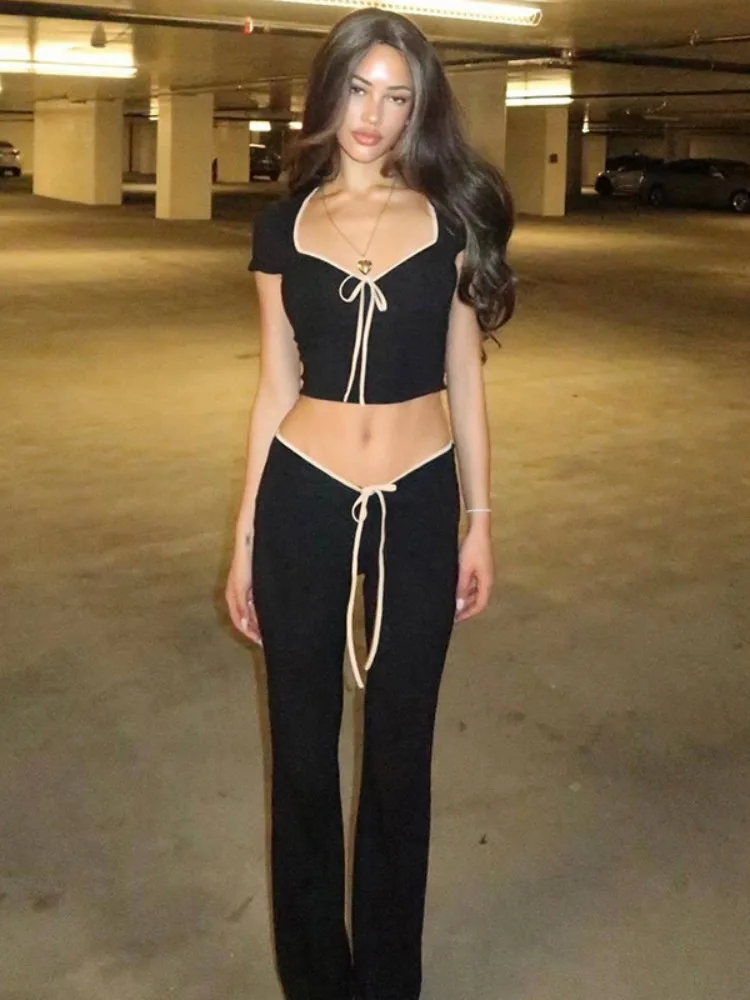 

Black Slim 2 Piece Sets Womens Outfits Square Collar Sexy Top Flare Pant Sets Fashion Conjunto De Dos Piezas De Moda Para Mujer