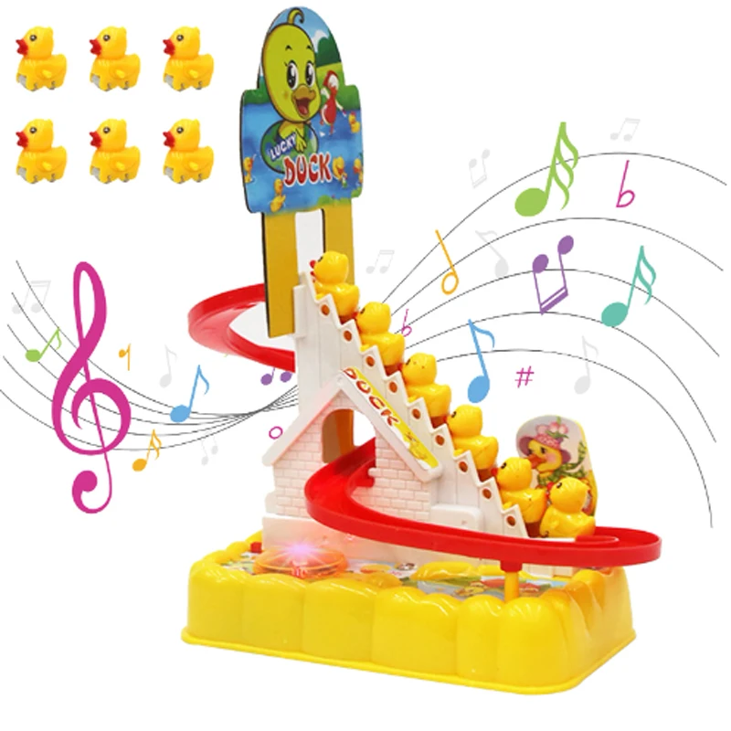 

DIY Rail Racing Track Electric Small Duck Climbing Stairs Toy Pig Action Figures Toys Music Roller Coaster Toy For Kids Gift