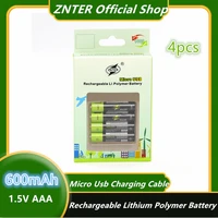 znter 4pcs 1 5v 600mah aaa rechargeable battery usb rechargeable lithium polymer battery quick charging by micro usb cable