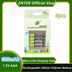 ZNTER 4Pcs 1.5V 600mah AAA Rechargeable Battery USB Rechargeable Lithium Polymer Battery Quick Charging by Micro USB Cable