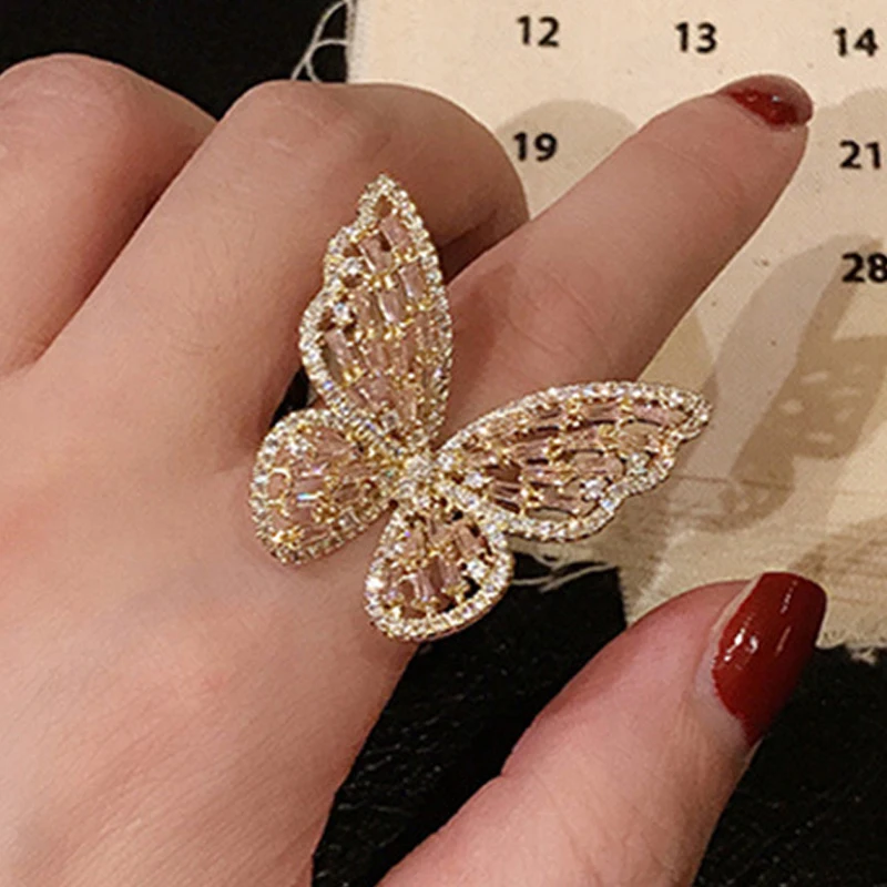 

Korean Fashion Personalized Open Butterfly Pave Zircon Rings For Romantic Lady Temperament Shine Handmade Rings Jewelry Gift