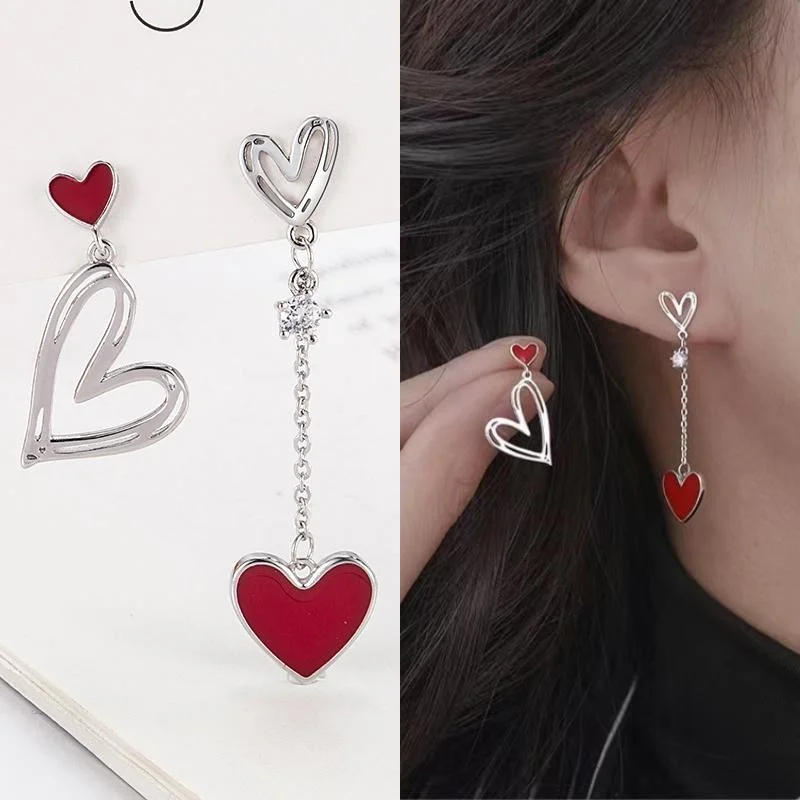 

Korean 925 Silver Needle Zircon Asymmetric Heart-shaped Tassel Earrings for Women Fashion Personality Anniversary Party Jewelry