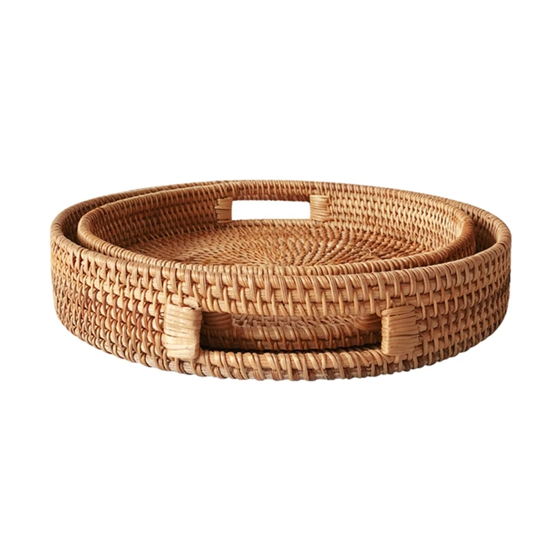 

Cracker Tea Storage Tray Bread Basket Rattan Woven Storage Snack Fruit Plate Hotel Essential Oil Tray With Handle