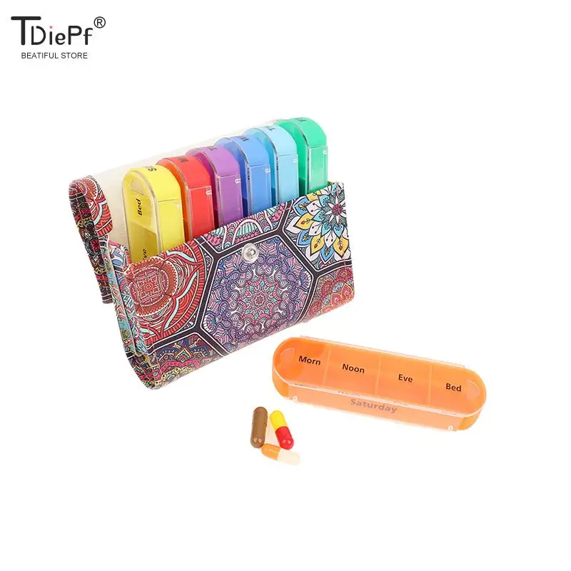 

7Day Pill Boxes Remedy Organizer Case Ethnic Style Weekly Medicine Organizer PU Medicine Splitter Container Vitamin Case