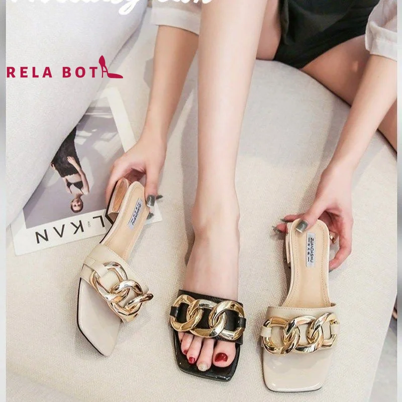 

2022 Slippers Women Chain Flat Shoes Sandals New Versatile Outdoor Slippers Women's Shoes Square Metal Buckle Flip Flop Platform