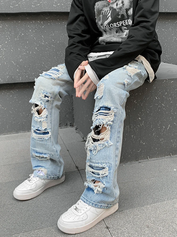 European and American Style Men's Ripped Jeans Trendy Design Straight Leg Y2K Denim Pants Hip Hop Trousers Men Pants Baggy Jeans