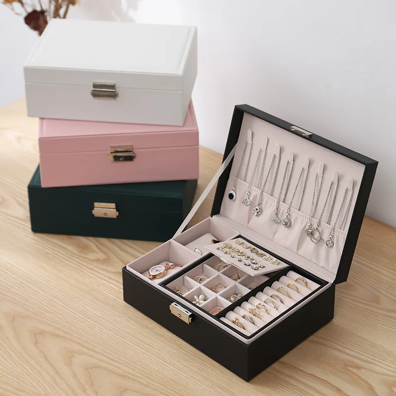 Double Layer Jewelry Box Multi Functional Large Three-Layer Leather Jewelry Storage Box Earrings Packing Storage Box with Lock
