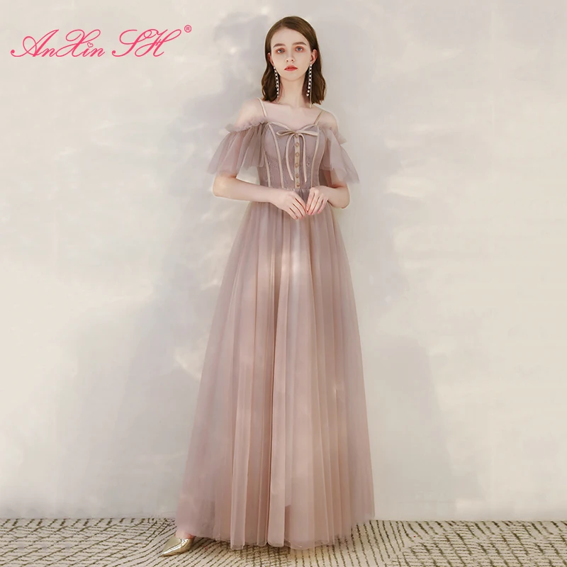 

Розовое кружевное вечернее платье принцессы AnXin SH, винтажное праздничное вечернее платье на бретелях-спагетти с бусинами и жемчугом, сверкающее вечернее платье на шнуровке для невесты