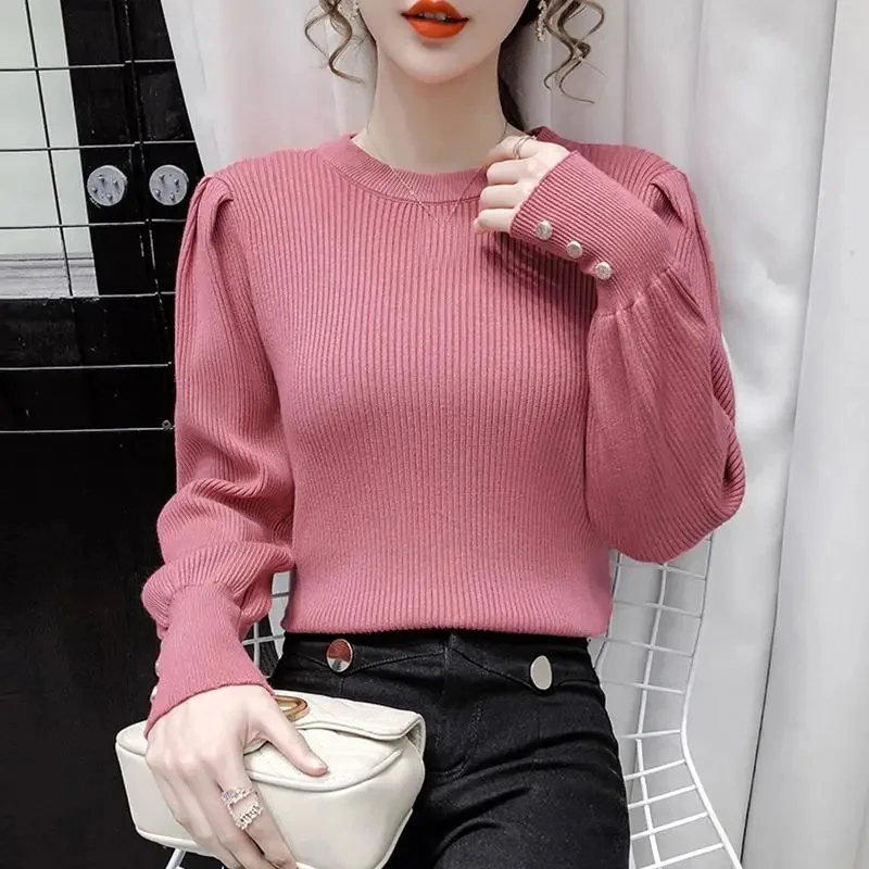 

Lucyever Elegant Puff Sleeve Sweaters Women Autumn Winter Metal Buttons Knitted Pullovers Woman 2023 Solid Color Women's Jumpers