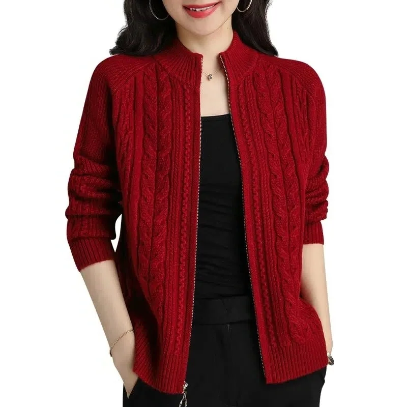 

2023 Half High Collar Zipper Knitted Cardigan Jacket Women Autumn New Style Solid Color Raglan Sleeve Cardigans Thicken Sweater