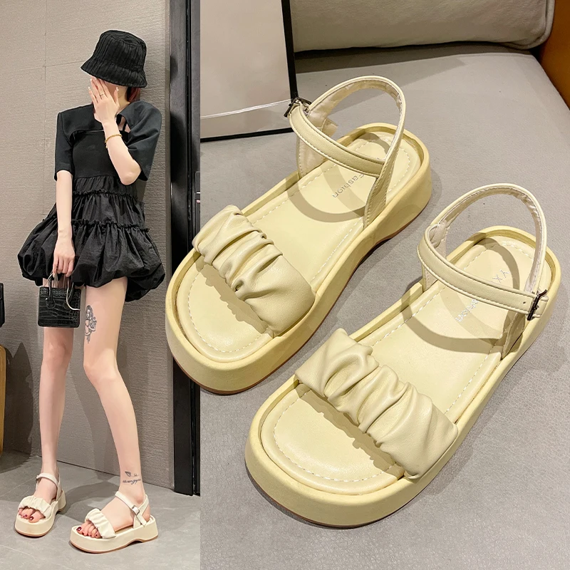 

All-Match Female Sandal 2022 Summer Strappy Heels Clear Shoes Cross Med Cross-Shoes Increasing Height Girls Lace Up Fashion Clog