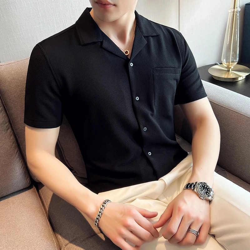 Classic Waffle Suit Neck Shirts Men Summer Short Sleeve Ice Silk Breathable Tops Slim Casual Business Social Formal Dress Shirt