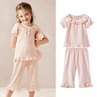 Летние Детские пижамные комплекты с круглым вырезом, Детские пижамные комплекты с коротким рукавом для маленьких девочек, Вязаная хлопковая одежда для сна, детская одежда