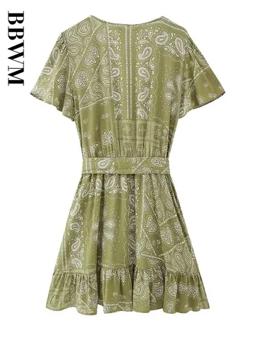 Print Mini Dresses for Women 2023 Summer Belt Dress Woman V Neck Short Sleeve Dress Women Hem Laminated Decoration Dresses