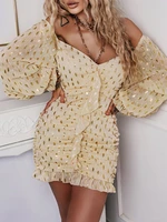 lace short bodycon dress summer elegant puff sleeve sexy v neck dot print pleated ruffle backless off the shoulder vestido prom