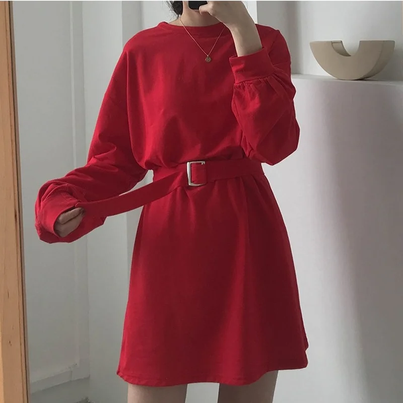 

T-shirt Skirt Female Waist Is Thin Spring and Autumn Solid Color Long-sleeved Dress Female Korean Dress Female Assembly Belt