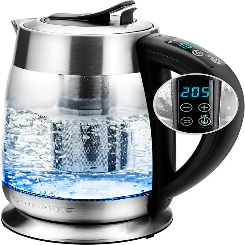 

Glass Electric Tea Kettle, 1.8 Liter, Cordless, 1500W Immediate Hot Water Boiler Heater with Stainless Steel Infuser, Automatic