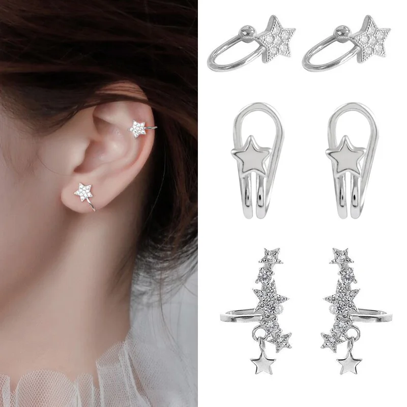 

Silver Color Star Cuff Earrings for Women Non Piercing Cartilage Ear Cuffs CZ Adjustable Ear Clip Wrap Around Earring for Women