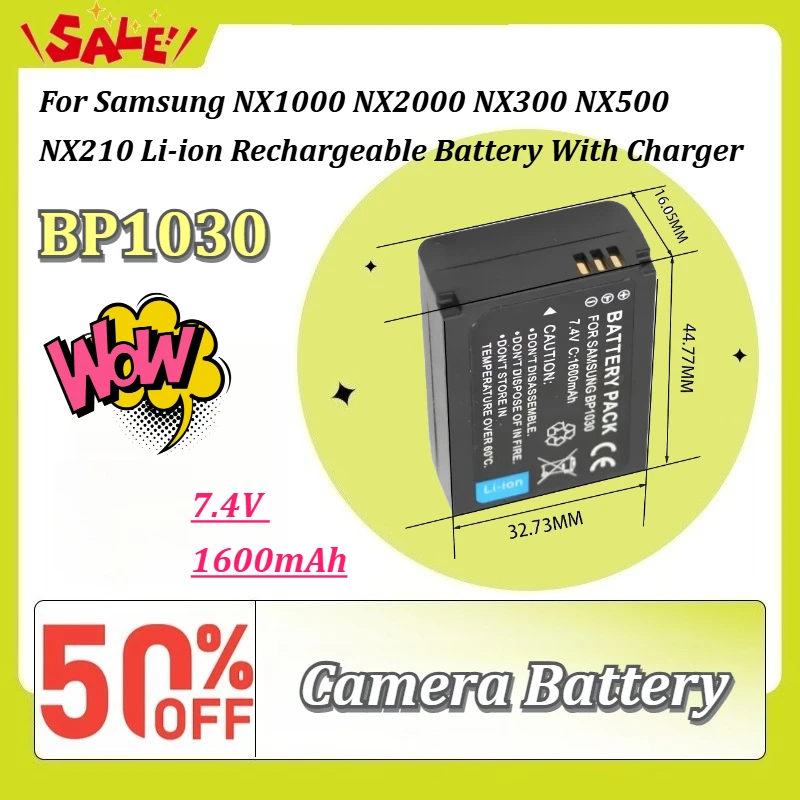 Фото Новая аккумуляторная батарея BP1030 7.4V 1600mAh для камер Samsung NX1000 NX2000 NX300 NX500 NX210, литий-ионная, перезаряжаемая, с зарядным устройством №1