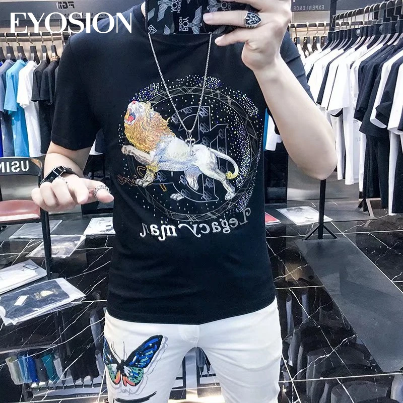 

Мужская футболка, новинка 2022, брендовая летняя Роскошная популярная Повседневная футболка с принтом льва и стразами, Мужской пуловер с коротким рукавом, Топ