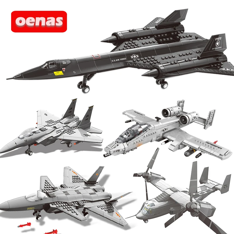 

MOC Military SR-71 Blackbird A10 AC130 Osprey Aircraft F-15 Eagle Fighter Building Block Model Children Kids DIY Boys Toys Gift