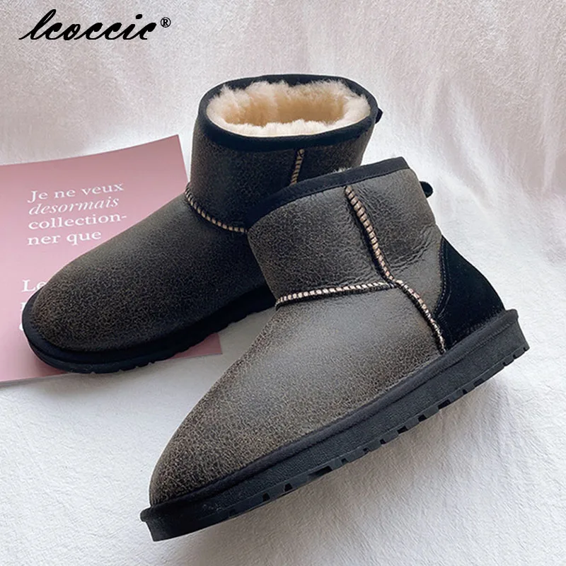 

Size 37-47 Australia Boots Real Sheepskin Fur Snow Boots for Men Winter Natura Wool Lined Keep Warm Shoes Waterproof Black