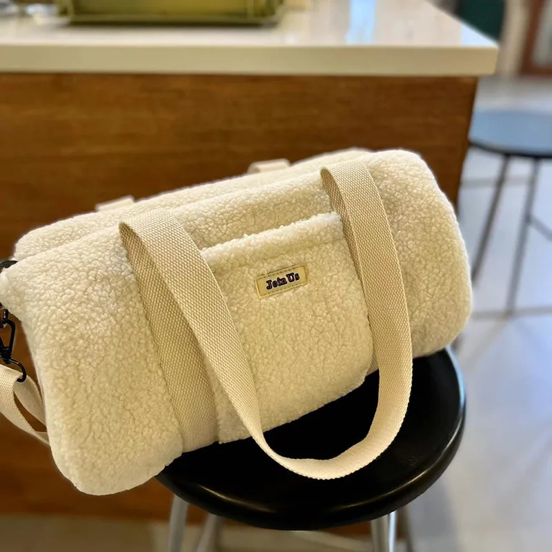 Winter Lamb Wool Shoulder Bag for Women Design Cylinder Shape Ladies Crossbody Bag Fashion  Faux Fur Soft Warm Handbag 2023