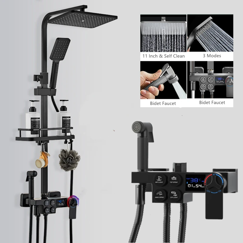 

Черный семейный смеситель для душа, дождевой смеситель для ванны с полкой для ванной, подача воды производит мощность