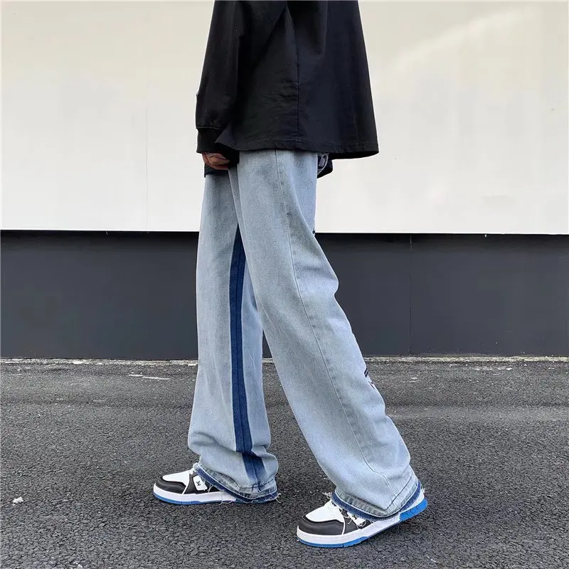 2022 Preppy Style Letter Embroidery Retro Washed Men Baggy Jeans Trousers Hip Hop Wide Vintage Denim Pants New Fashion Pantalon