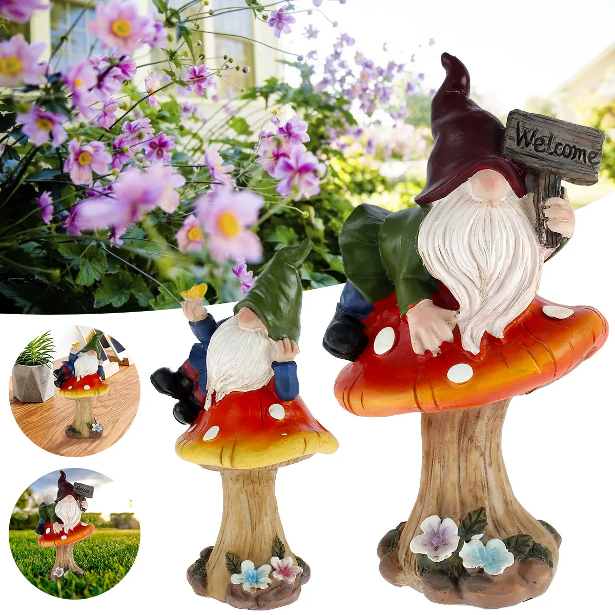 

Garden Gnome Statue Funny Outdoor Gnome Figurine on Mushroom Dwarf Sculpture for Lawn Yard Decor