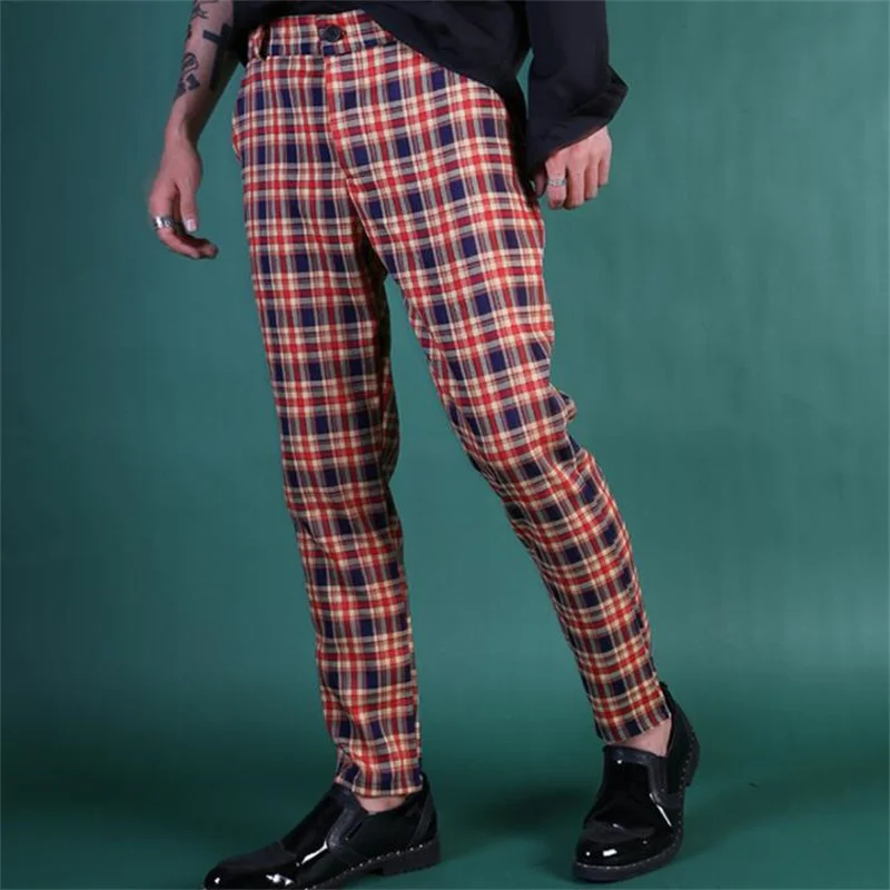 mens pants stage personality Red grid harem pant men trousers Vintage english singer dance street star style novelty b658