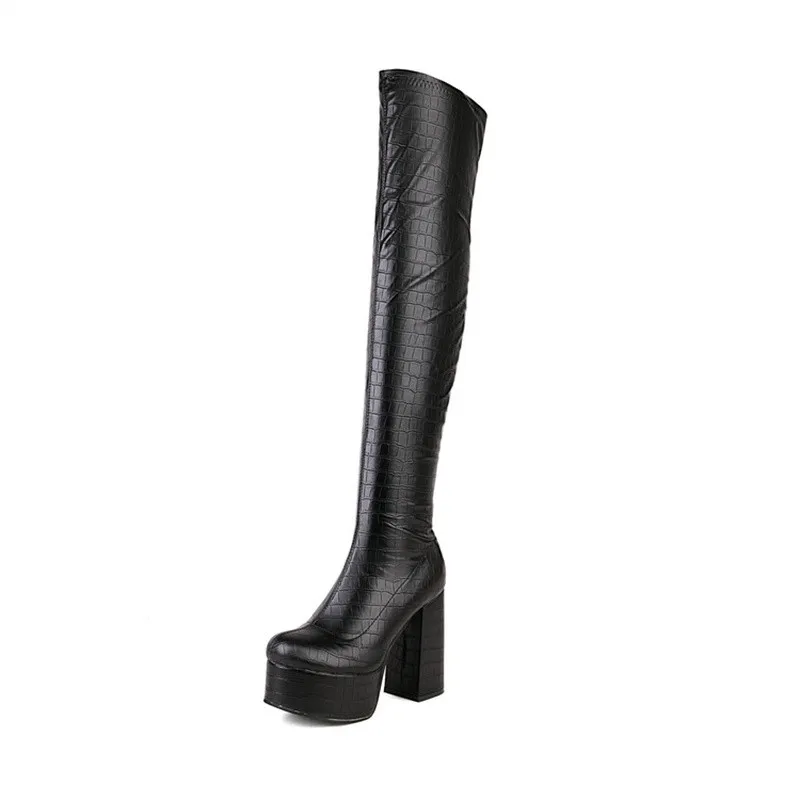 

Three Kinds Of Materials Black Women's Over-the-knee Boots Round Toe Side Zipper Women Platform Boots Crude Heel Bottes Femelles