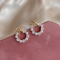 2022 new korean elegant fashion round crystal wreath bow stud earrings for women imitation pearls jewelry oorbellen gift