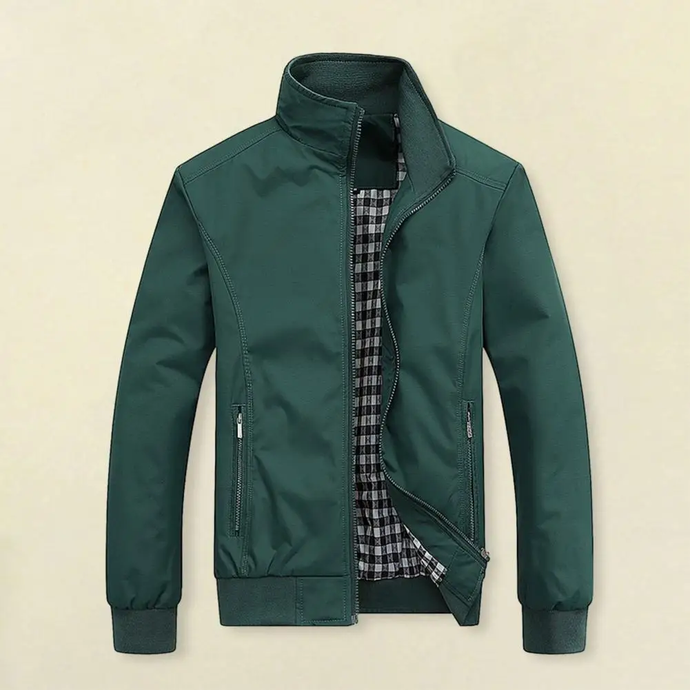 

Men Jacket Stand Collar Zipper Closure Neck Protection Men Coat Smooth Long Sleeve Pockets Elastic Cuff Men Outdoor Coat