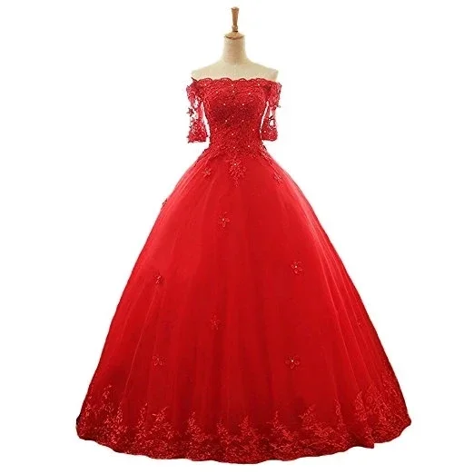 

Boat Neck Red Quinceanera Dress Half Sleeves Long Sexy Tulle Sweet 16 Vestidos De 15 Anos Princess Party Gowns