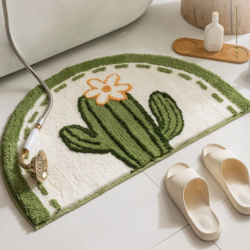 

Flora Half Circle Bathroom Mat Simple Fresh Green Cactus Soft Carpet Absorbent Slip-resistant Pad Kitchen Door Floor Mat